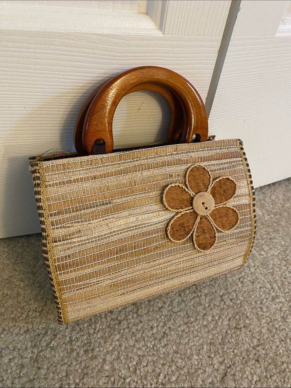 Handmade Natural Straw Tote with Wooden Handles and Flower Accent - Beige